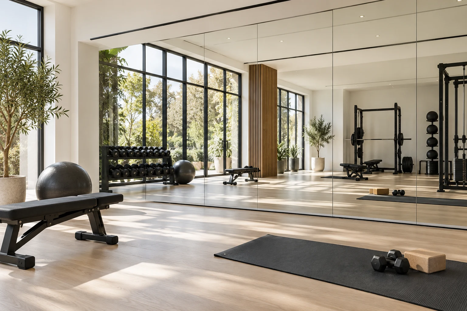 Concept fitness studio with a large wall of mirrors