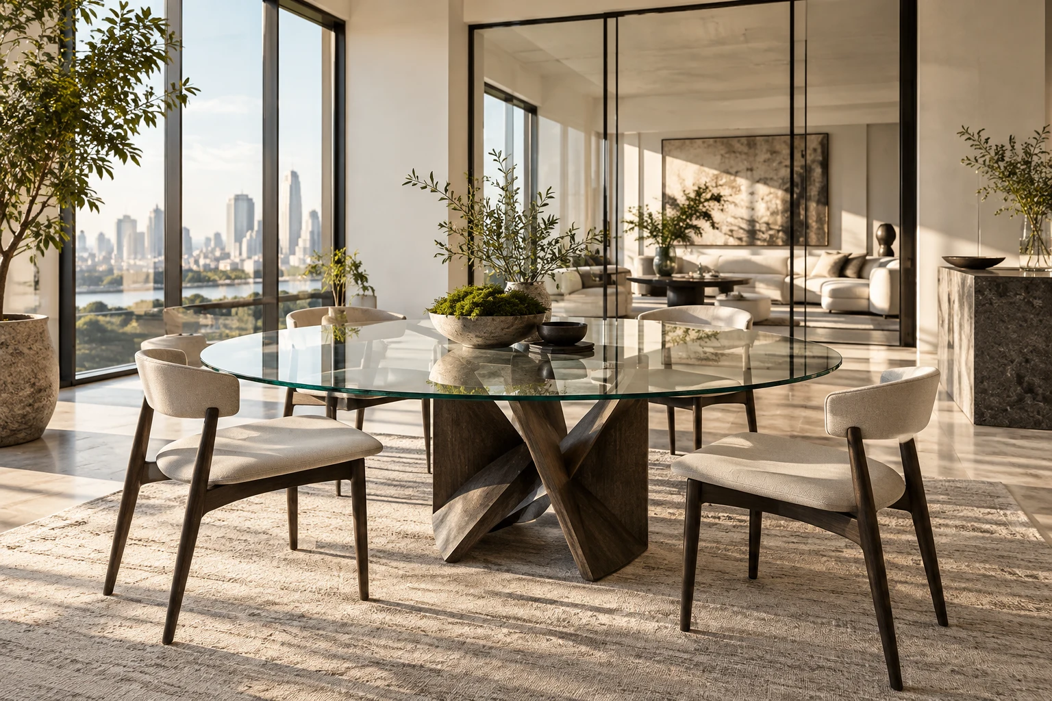 Concept interior with a clear glass table and architectural glazing
