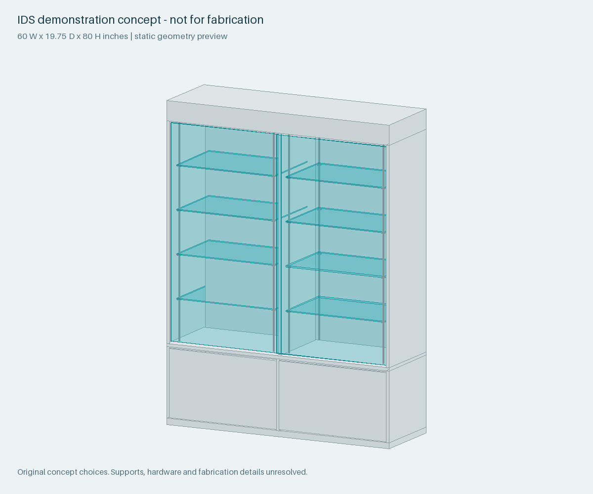 Illustrative two-bay display with aligned glass shelves and closed lower storage